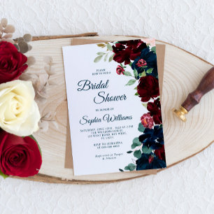 Elegant Burgundy & Navy Blue Flowers Bridal Shower Invitation