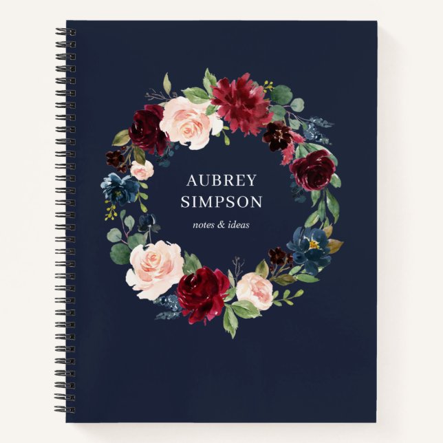 Elegant Burgundy Navy Blue Flowers Notebook (Front)