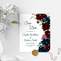 Elegant Burgundy & Navy Blue Flowers Save the Date