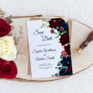 Elegant Burgundy & Navy Blue Flowers Save the Date