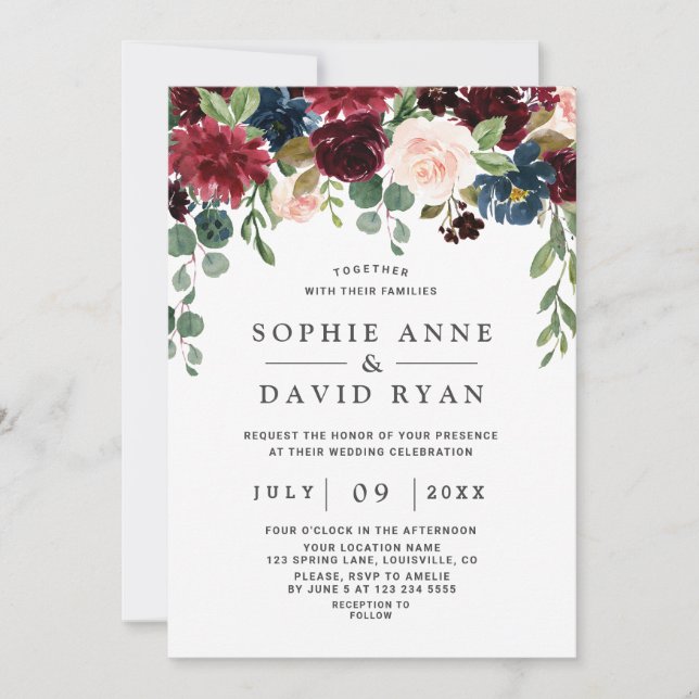 Elegant Burgundy Navy Blue Flowers Wedding Invitation (Front)