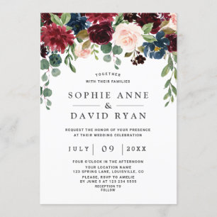 Elegant Burgundy Navy Blue Flowers Wedding Invitation