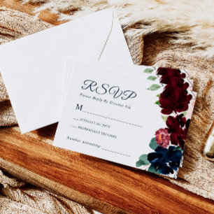 Elegant Burgundy & Navy Blue Flowers Wedding RSVP Card