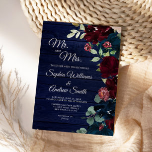 Elegant Burgundy & Navy Blue Flowers Wood Wedding Invitation