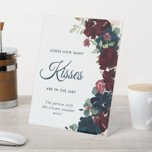 Elegant Burgundy & Navy Blue How Many Kisses Pedestal Sign