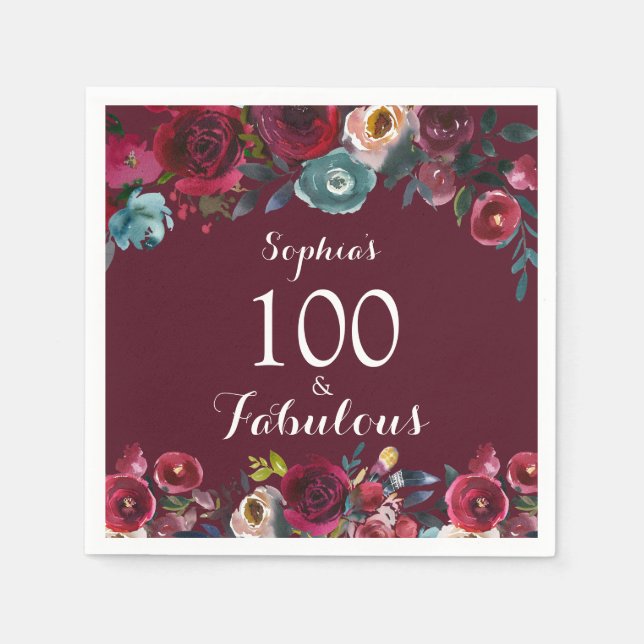 Elegant Burgundy Navy Floral 100th Birthday Party Napkin (Front)