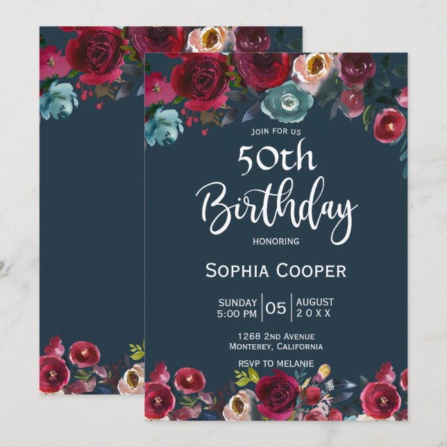 Elegant Burgundy Navy Floral 50th Birthday Party Invitation (Front/Back)