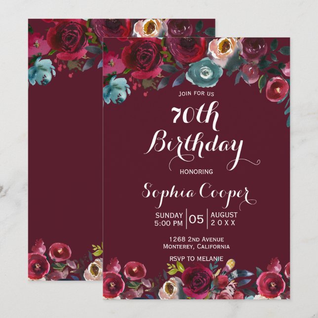 Elegant Burgundy Navy Floral 70th Birthday Party Invitation (Front/Back)
