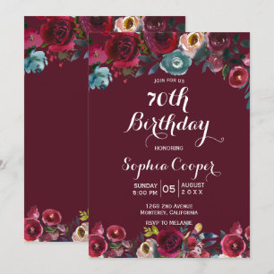 Elegant Burgundy Navy Floral 70th Birthday Party Invitation
