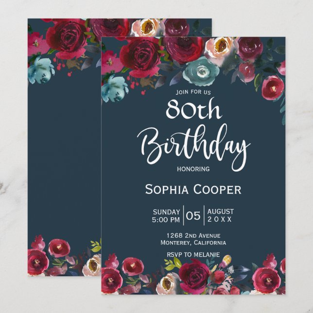 Elegant Burgundy Navy Floral 80th Birthday Party Invitation (Front/Back)
