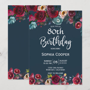 Elegant Burgundy Navy Floral 80th Birthday Party Invitation
