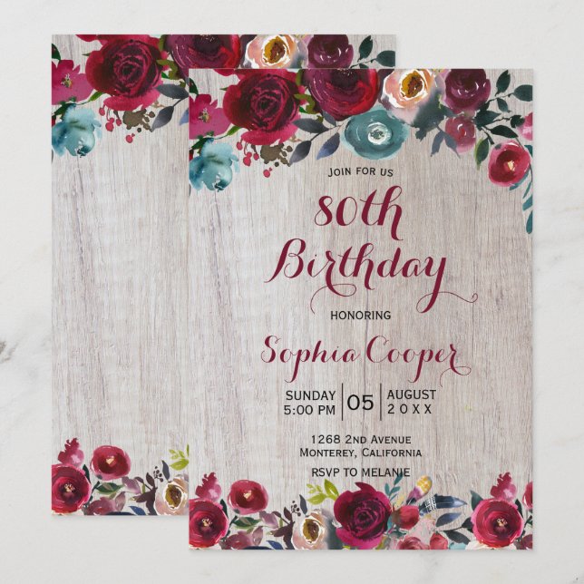 Elegant Burgundy Navy Floral 80th Birthday Party Invitation (Front/Back)