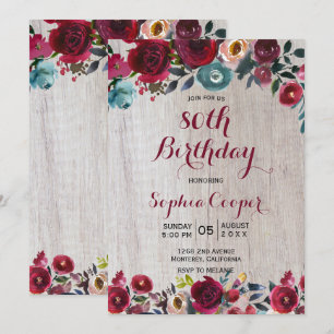 Elegant Burgundy Navy Floral 80th Birthday Party Invitation