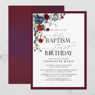Elegant Burgundy Navy Floral Baptism 1st Birthday Invitation