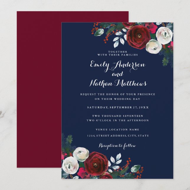 Elegant Burgundy Navy Floral Christmas Wedding Invitation (Front/Back)