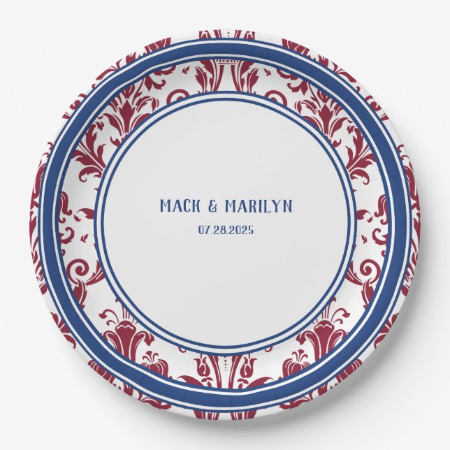 Elegant Burgundy Navy Floral Damask Wedding Dinner Paper Plate (Front)