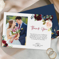 Elegant Burgundy Navy Floral Script Wedding Photo