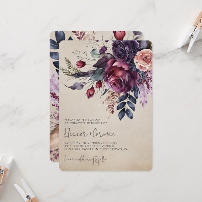 Elegant Burgundy Navy Floral Watercolor Wedding  Invitation (Front/Back In Situ)