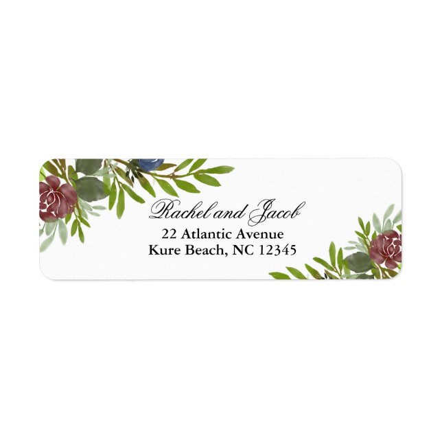Elegant Burgundy Navy Floral Wedding Address Label (Front)