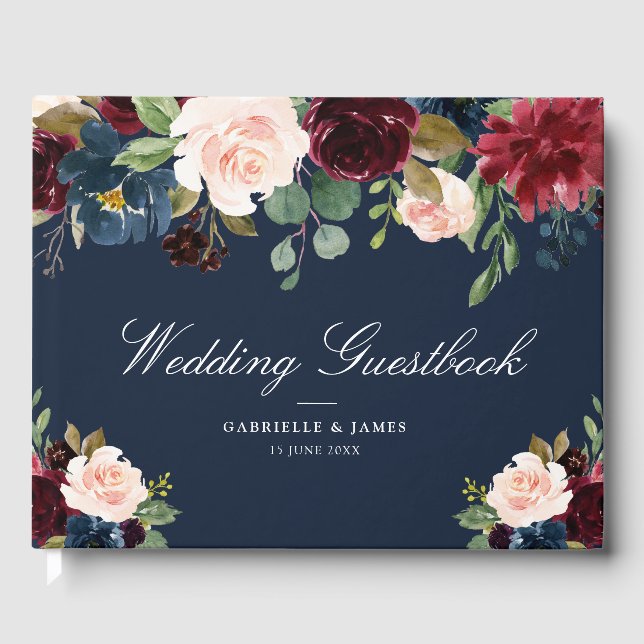 Elegant burgundy & navy floral wedding guestbook (Front)