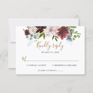 Elegant Burgundy Navy Floral with Greenery Wedding RSVP Card