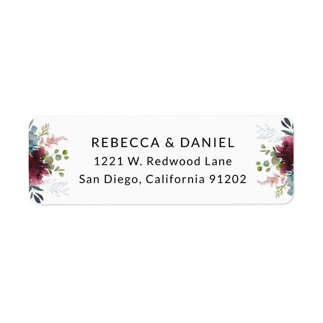 Elegant Burgundy Navy Florals Return Address Label (Front)
