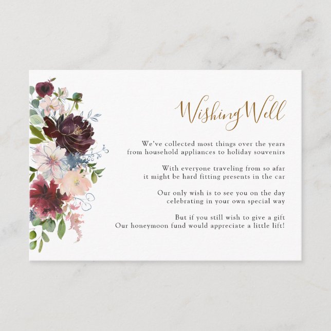 Elegant Burgundy Navy Florals Wishing Well Enclosure Card (Front)