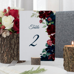 Elegant Burgundy & Navy Flowers Table 2 Wedding Table Number