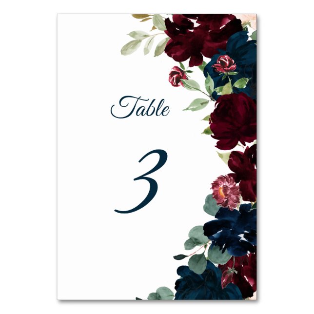 Elegant Burgundy & Navy Flowers Table 3 Wedding Table Number (Front)