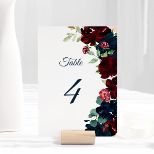 Elegant Burgundy & Navy Flowers Table 4 Wedding Table Number