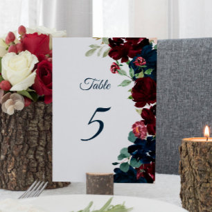 Elegant Burgundy & Navy Flowers Table 5 Wedding  Table Number