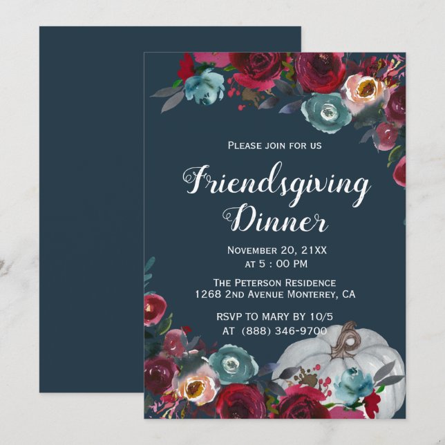Elegant Burgundy Navy Friendsgiving Invitations (Front/Back)