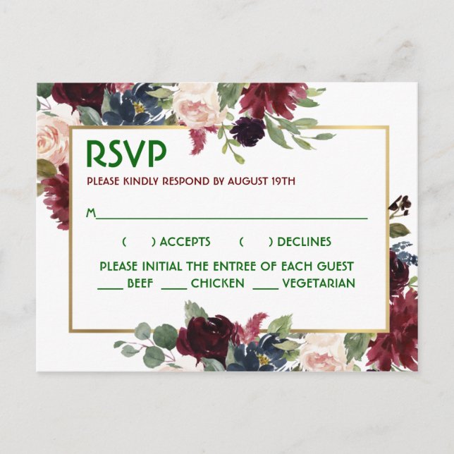 Elegant Burgundy Navy Gold Floral Wedding RSVP Postcard (Front)