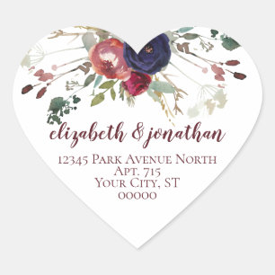 Elegant Burgundy Navy Rose Gold Return Address Heart Sticker