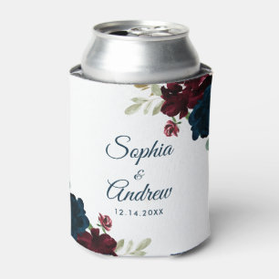 Elegant Burgundy & Navy Rustic Wood Wedding Can Cooler