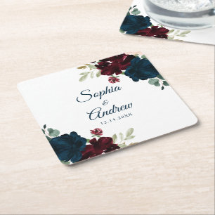 Elegant Burgundy & Navy Rustic Wood Wedding Square Paper Coaster