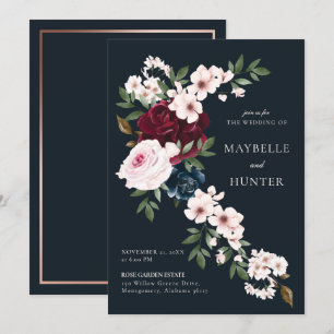Elegant Burgundy Navy Watercolor Floral Waterfall Invitation