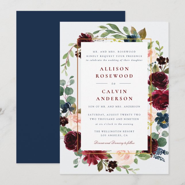 elegant burgundy navy wedding invitation (Front/Back)