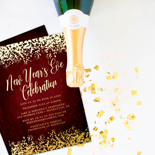 Elegant Burgundy New Year’s Eve Party Confetti Foil Holiday Card (Creator Uploaded)