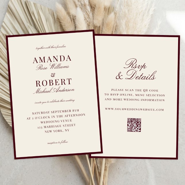 Elegant Burgundy Old Money All In One Wedding Invitation (Creator Uploaded)