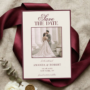 Elegant Burgundy Old Money Photo Wedding Save The Date