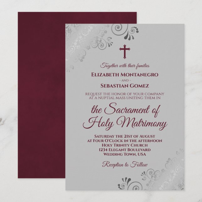 Elegant Burgundy on Grey Modern Catholic Wedding Invitation (Front/Back)