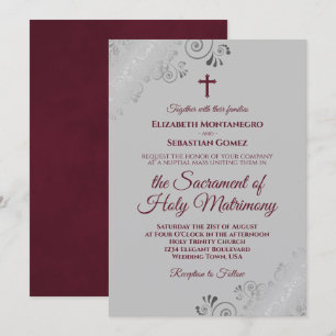 Elegant Burgundy on Grey Modern Catholic Wedding Invitation
