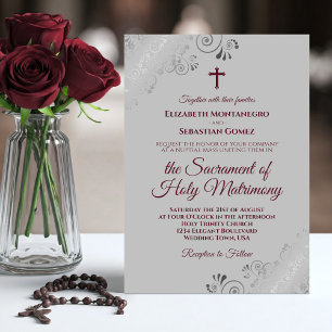 Elegant Burgundy on Grey Modern Catholic Wedding Invitation