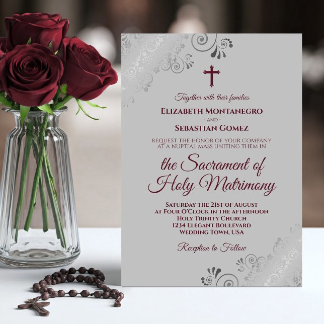 Elegant Burgundy on Grey Modern Catholic Wedding Invitation (Creator Uploaded)