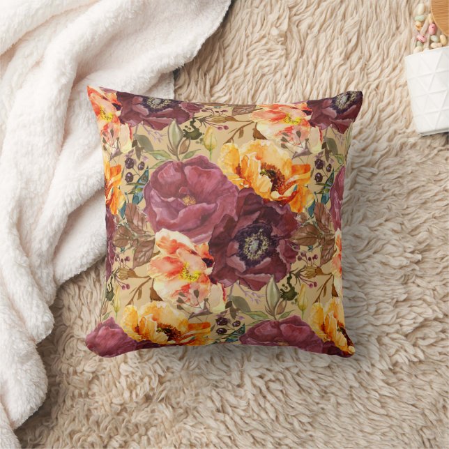 Elegant Burgundy Orange Autumn Flowers  Cushion (Blanket)
