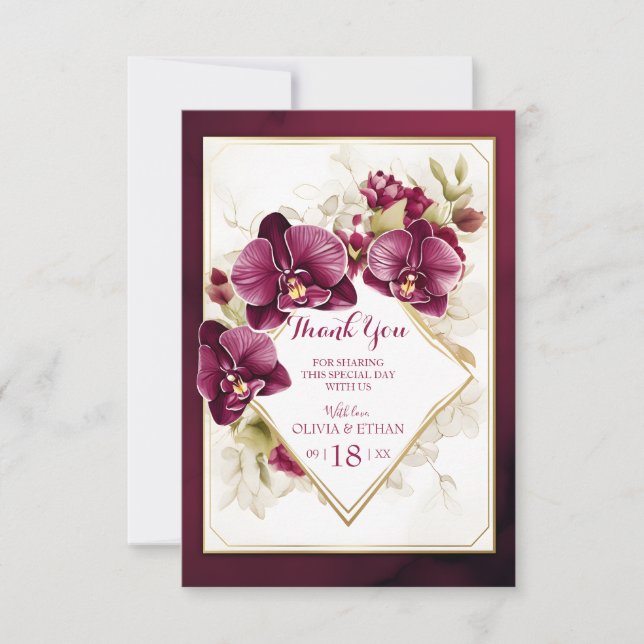 Elegant Burgundy Orchid Blooms Wedding Gold Frame Thank You Card (Front)
