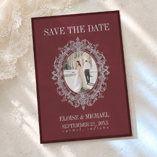 Elegant Burgundy Ornate Crest Photo Save the Date Invitation