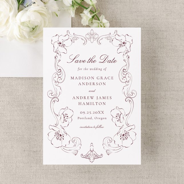 Elegant Burgundy Ornate Floral Frame Wedding Save The Date (Creator Uploaded)