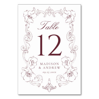 Elegant Burgundy Ornate Floral Frame Wedding Table Number